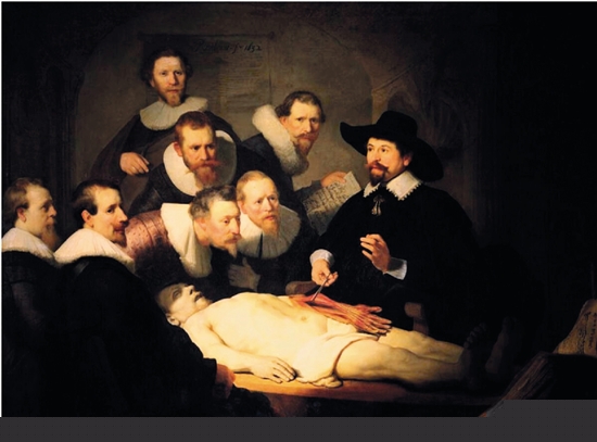 伦勃朗 尼古拉·丢尔普教授的解剖学课 169.5×216.5cm 1632年